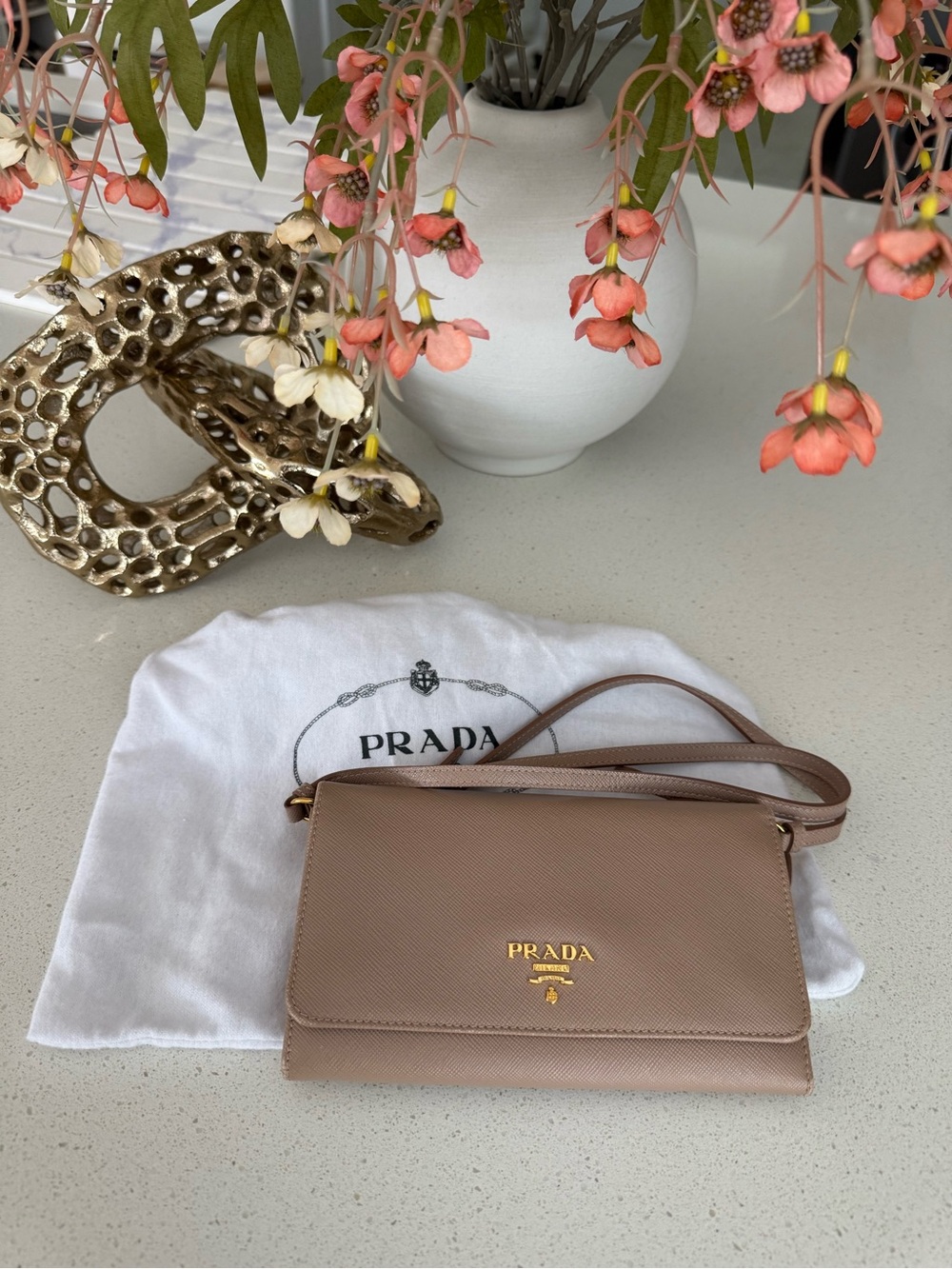 Authentic Prada Saffiano Leather Wallet on Chain / Crossbody – Cameo Beige